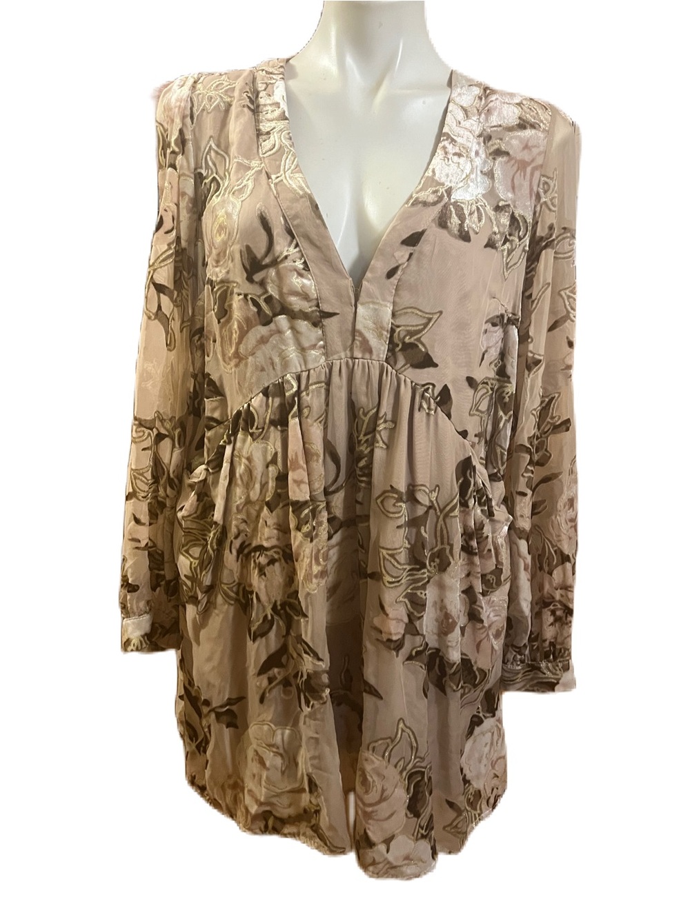 Free People Nude Pink Boho Floral V-Neck Long Sleeve Tunic/Dress Small